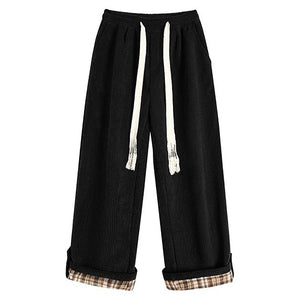 Cord Wide-Leg Pants with Plaid Cuffs