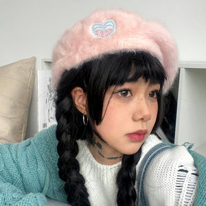 Cotton Candy Fluffy Beret with Heart Patch