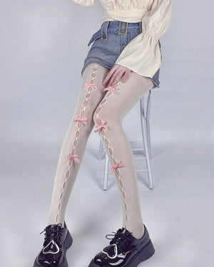White & Pink Bow Tights
