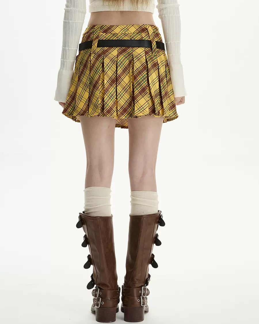 Double Belt Plaid Pleated Skirt in Yellow