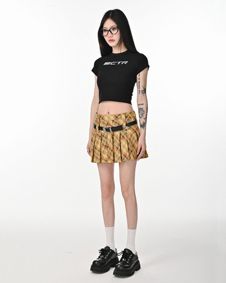 Double Belt Plaid Pleated Skirt in Yellow