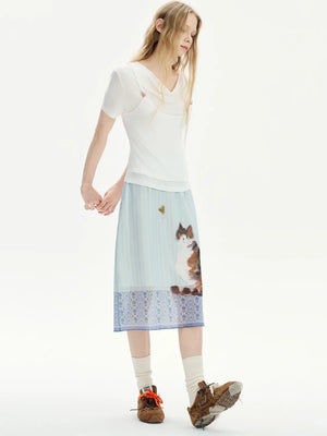 Cat Print Midi Skirt