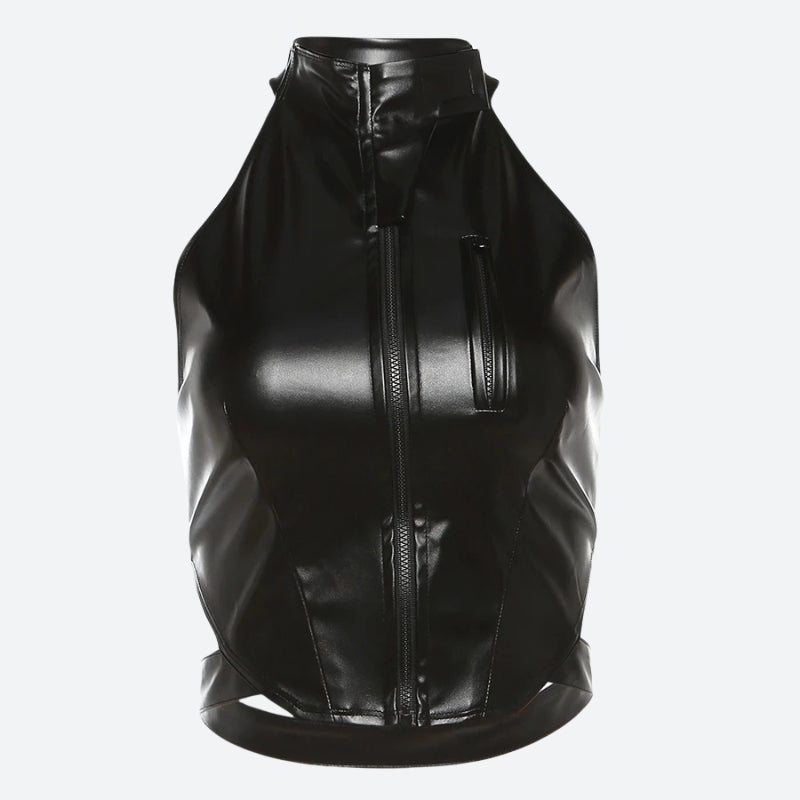 Cyberpunk Faux Leather Zip Up Top