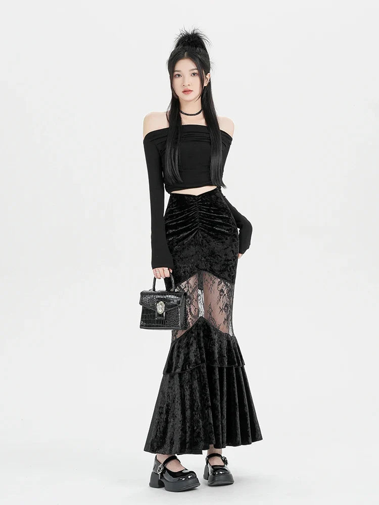 Goth Velvet Lace Maxi Skirt