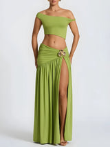 Off Shoulder Crop Top & Slit Maxi Dress Two Piece Set