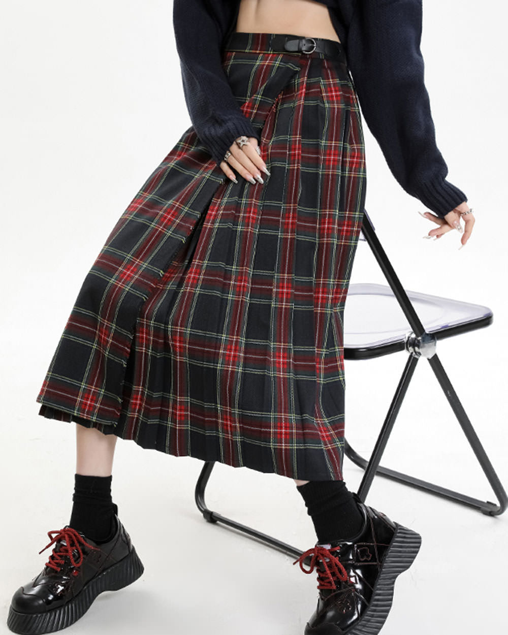 Black and Red Plaid Midi Skirt