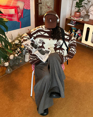 Brown Reindeer Knit Hooded Cardigan