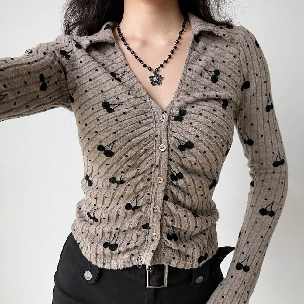 Cherry Print Button-Up Top