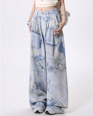Denim Effect Print Trousers