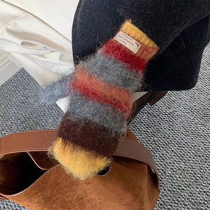 Fuzzy Striped Beanie Hat & Gloves Set