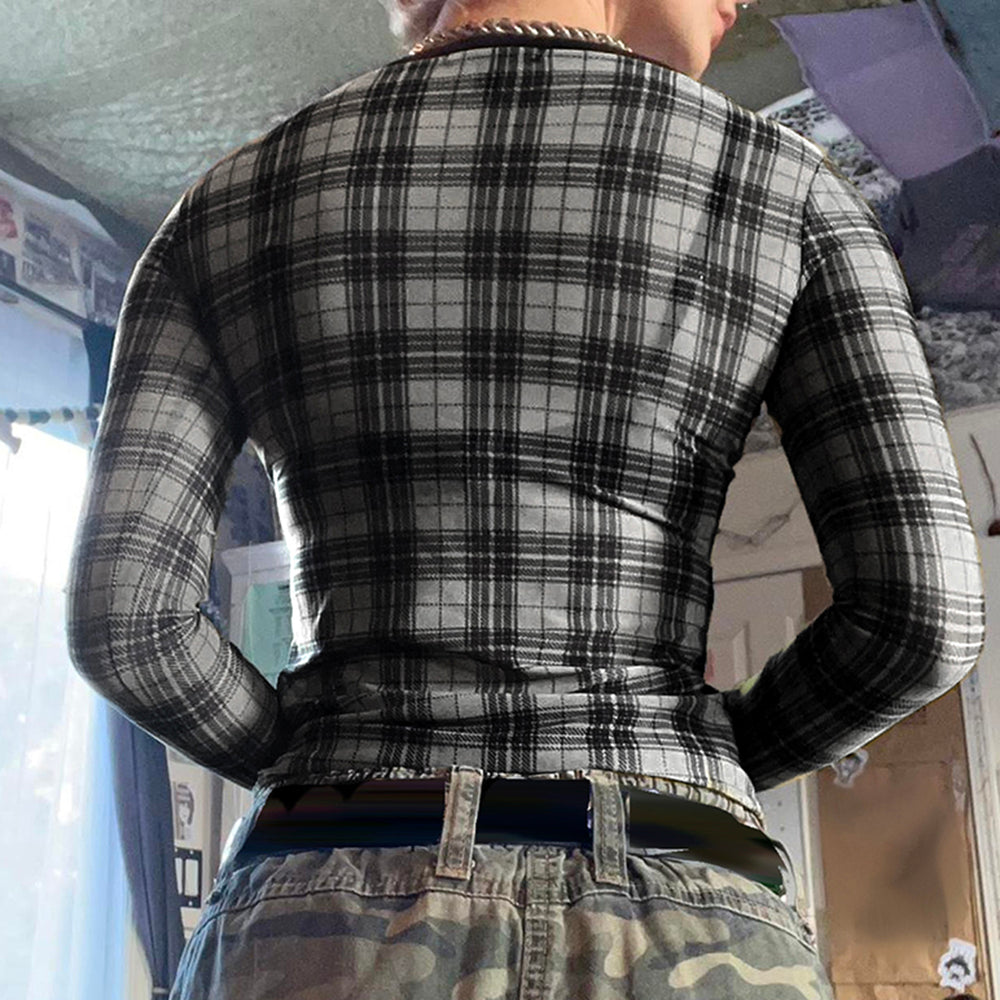 Grunge Plaid Mesh Long Sleeve Top