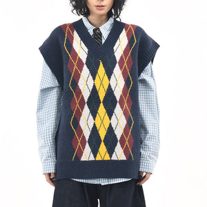 Oversized Argyle V-Neck Grandpa Knit Vest