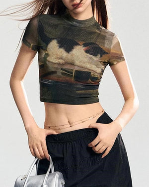 Playful Kitten Print Y2K Top