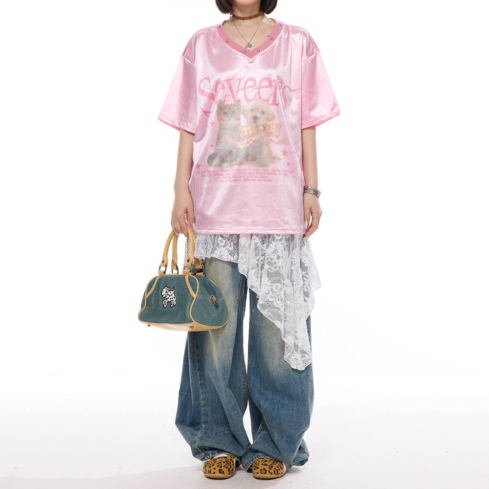 Puppy & Kitten Print Satin Jersey