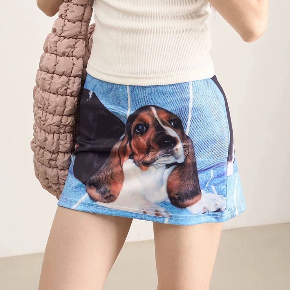 Puppy Print Y2K Denim Micro Skirt