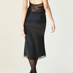 Satin Coquette Bow Lace Midi Skirt
