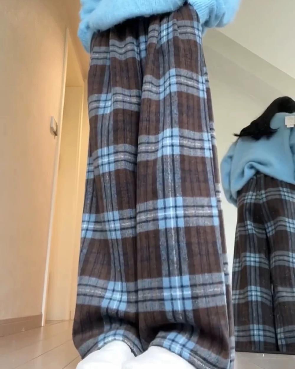 Autumn Study Vintage Plaid Wide Leg Pants