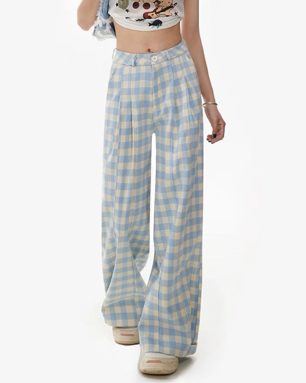 Wide-Leg Blue Gingham Trousers