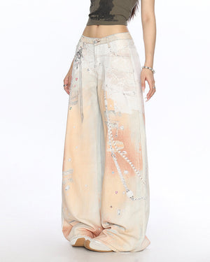 Y2K Chain Print Wide Leg Jeans in Peach